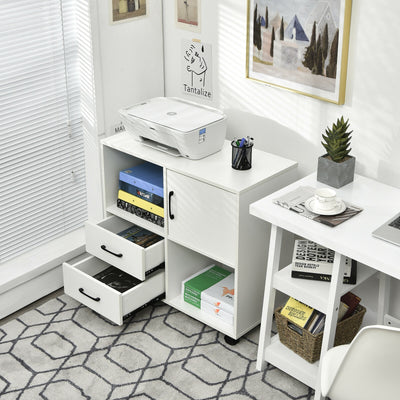 Mobile File Cabinet with Lateral Printer Stand and Storage Shelves-White