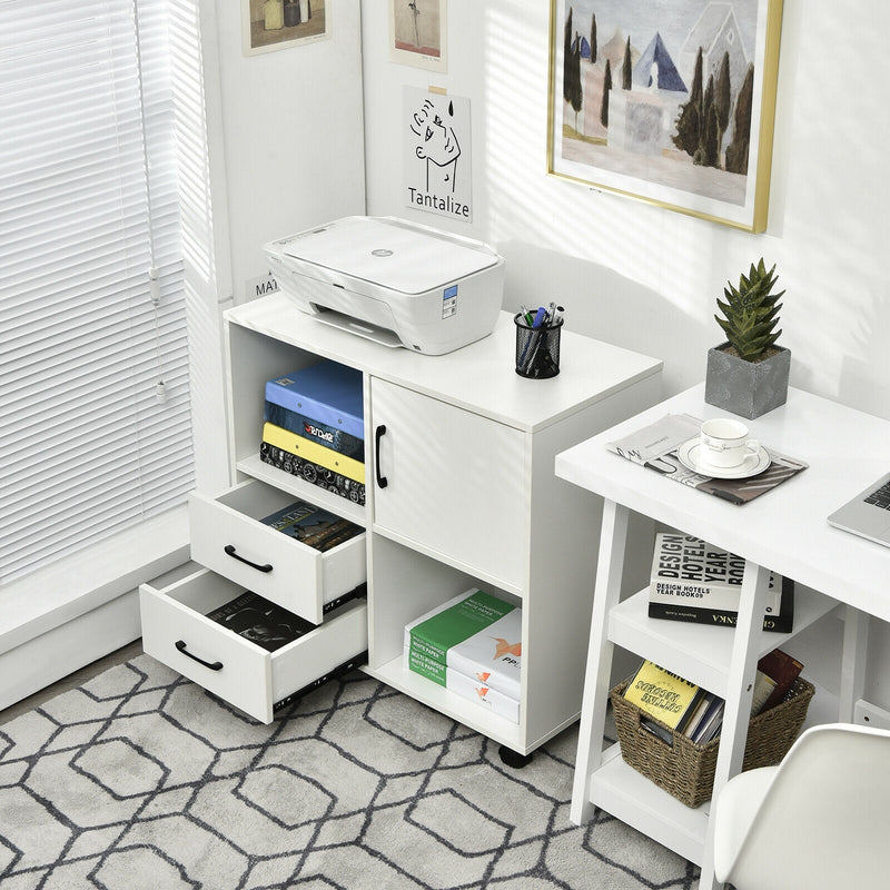 Mobile File Cabinet with Lateral Printer Stand and Storage Shelves-White