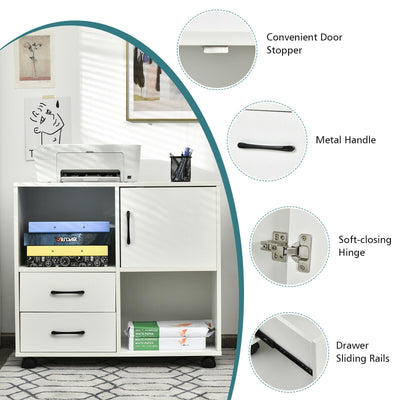 Mobile File Cabinet with Lateral Printer Stand and Storage Shelves-White