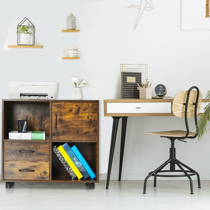 Mobile File Cabinet with Lateral Printer Stand and Storage Shelves-Brown