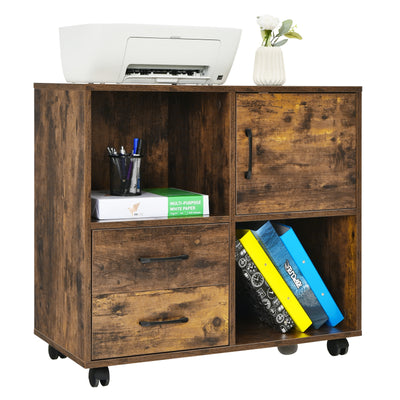 Mobile File Cabinet with Lateral Printer Stand and Storage Shelves-Brown