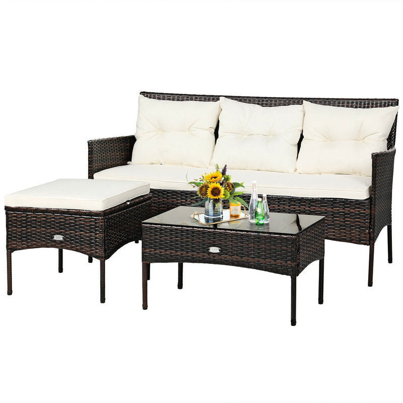 3 Pieces Patio Furniture Sectional Set with 5 Cozy Seat and Back Cushions-White