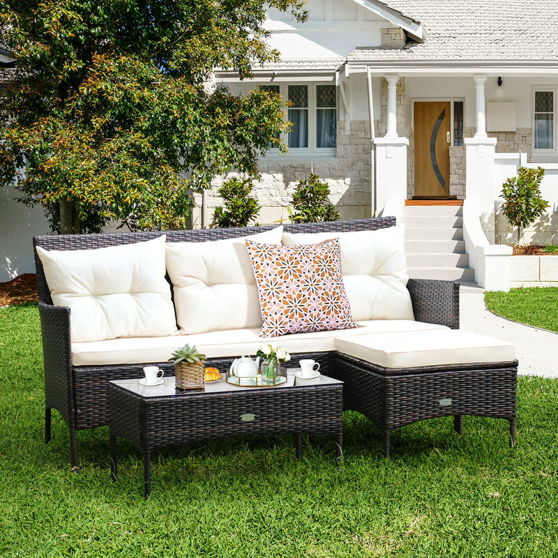 3 Pieces Patio Furniture Sectional Set with 5 Cozy Seat and Back Cushions-White