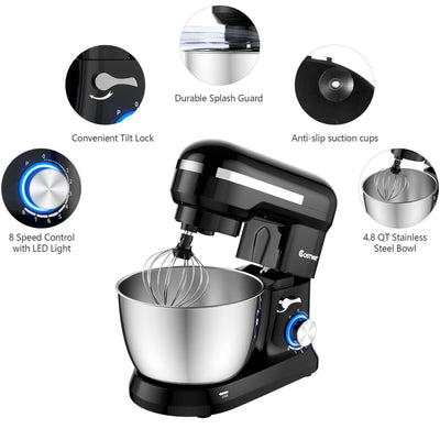 4.8 Qt 8-speed Electric Food Mixer with Dough Hook Beater-Black