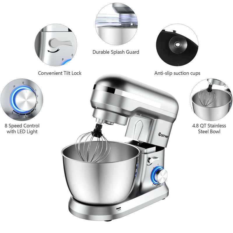 4.8 Qt 8-speed Electric Food Mixer with Dough Hook Beater-Silver