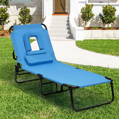 Outdoor Folding Chaise Beach Pool Patio Lounge Chair Bed with Adjustable Back and Hole-Blue