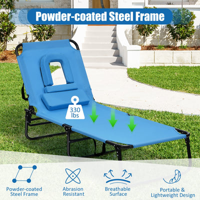 Outdoor Folding Chaise Beach Pool Patio Lounge Chair Bed with Adjustable Back and Hole-Blue