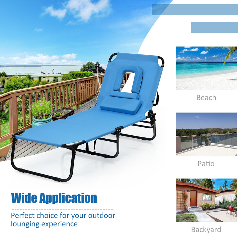 Outdoor Folding Chaise Beach Pool Patio Lounge Chair Bed with Adjustable Back and Hole-Blue