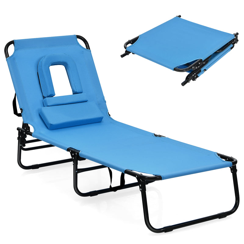 Outdoor Folding Chaise Beach Pool Patio Lounge Chair Bed with Adjustable Back and Hole-Blue