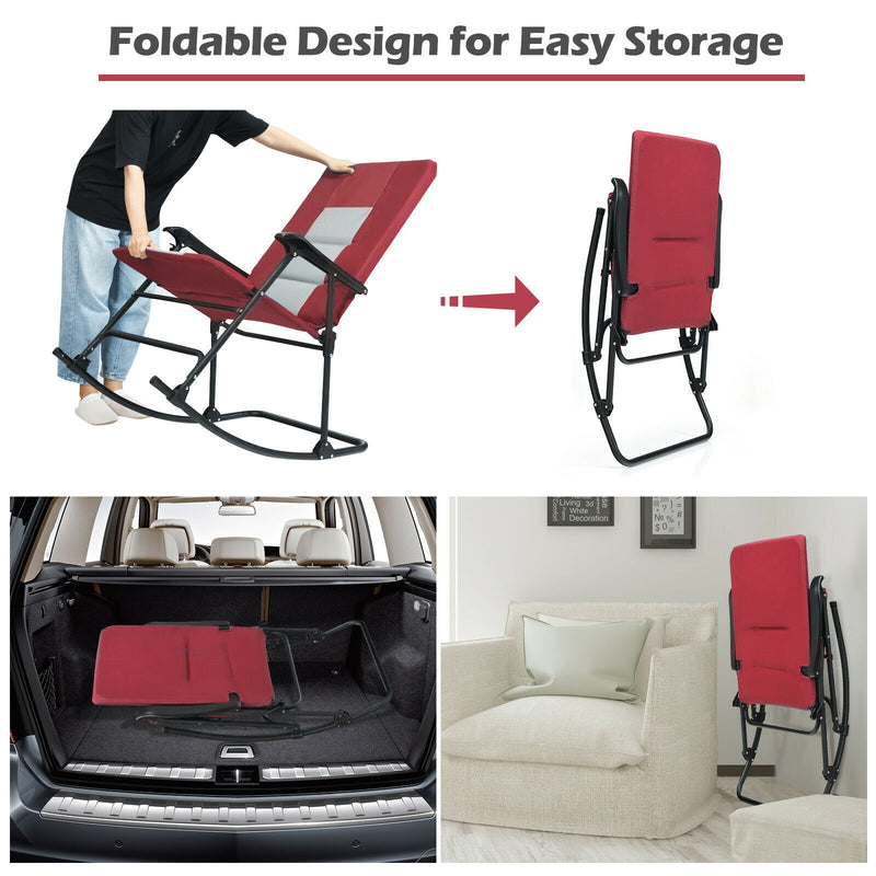 Foldable Rocking Padded Portable Camping Chair with Backrest and Armrest-Red