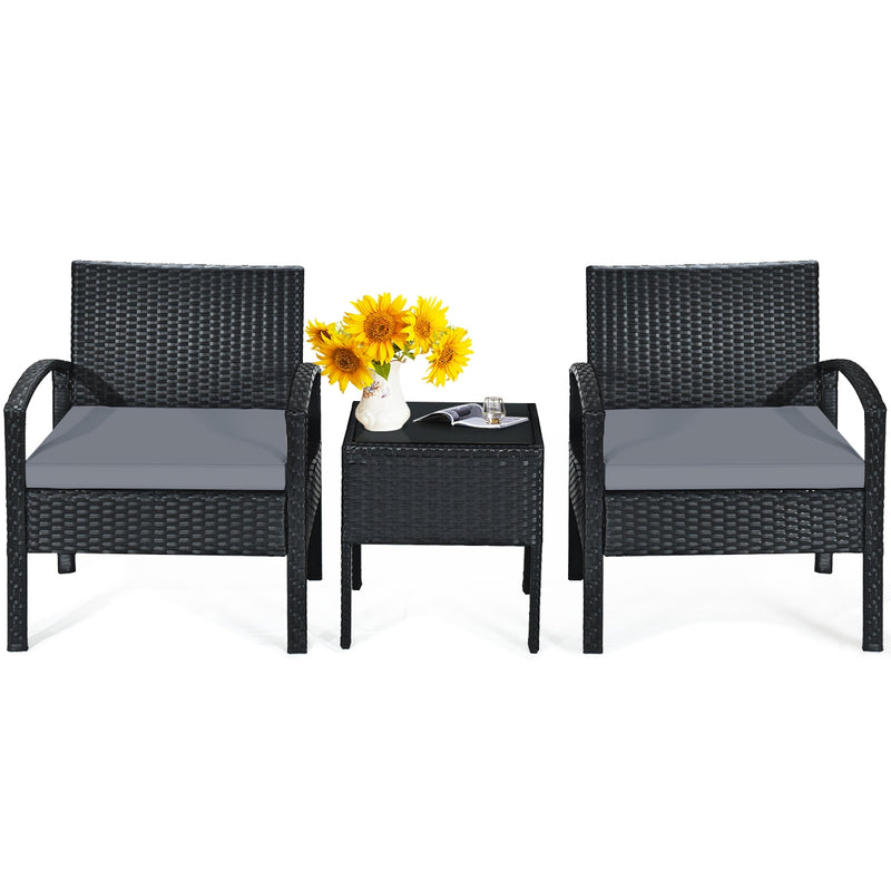 3 Pieces Outdoor Rattan Patio Conversation Set with Seat Cushions-Gray