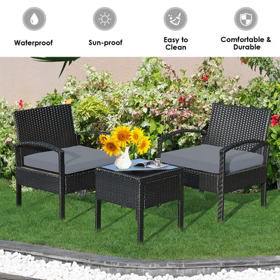 3 Pieces Outdoor Rattan Patio Conversation Set with Seat Cushions-Gray