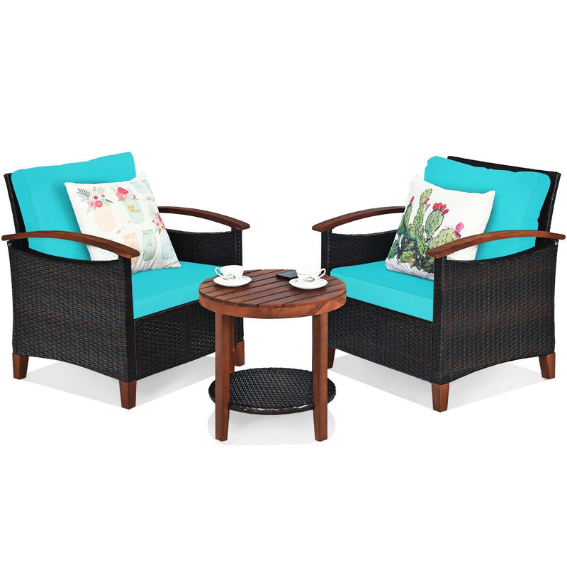 3 Pcs Solid Wood Frame Patio Rattan Furniture Set-Turquoise