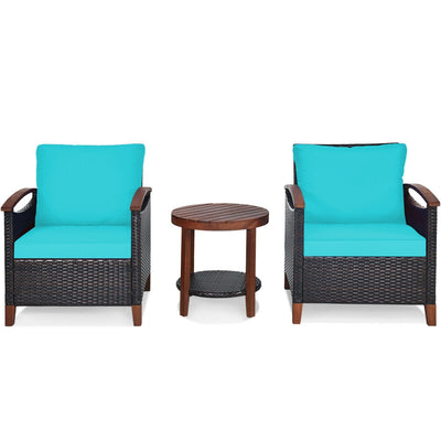 3 Pcs Solid Wood Frame Patio Rattan Furniture Set-Turquoise