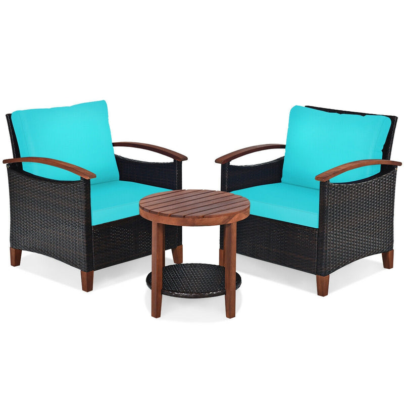 3 Pcs Solid Wood Frame Patio Rattan Furniture Set-Turquoise