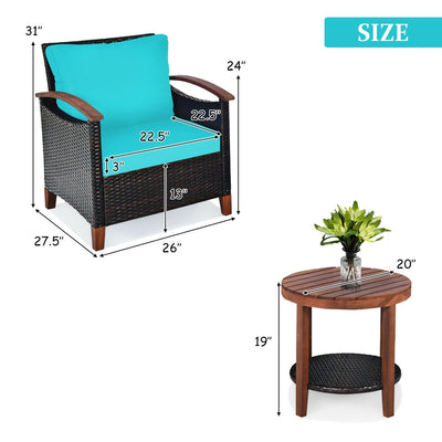 3 Pcs Solid Wood Frame Patio Rattan Furniture Set-Turquoise