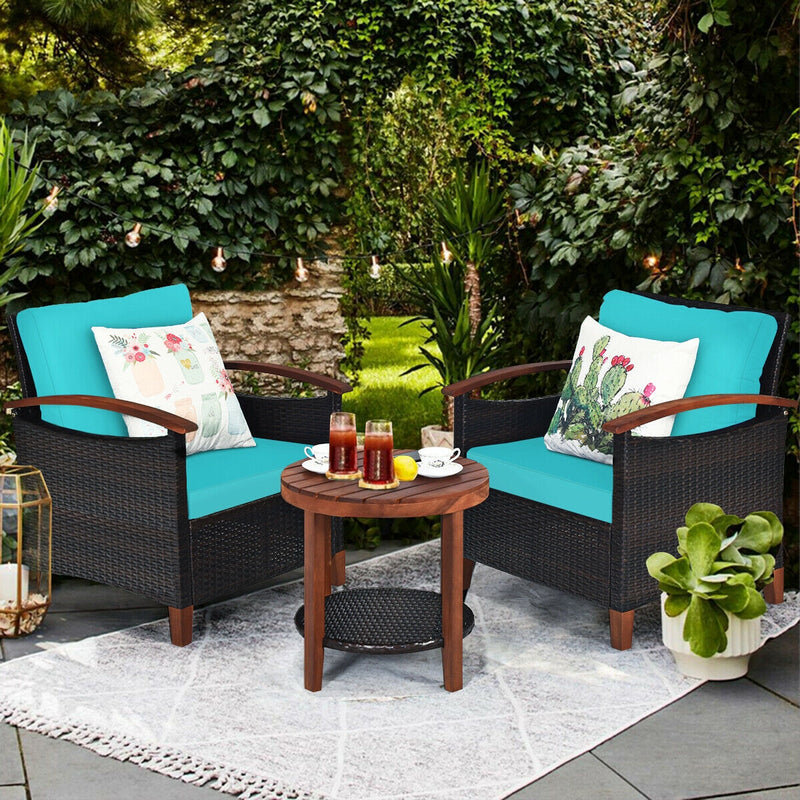 3 Pcs Solid Wood Frame Patio Rattan Furniture Set-Turquoise