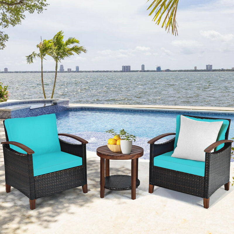 3 Pcs Solid Wood Frame Patio Rattan Furniture Set-Turquoise