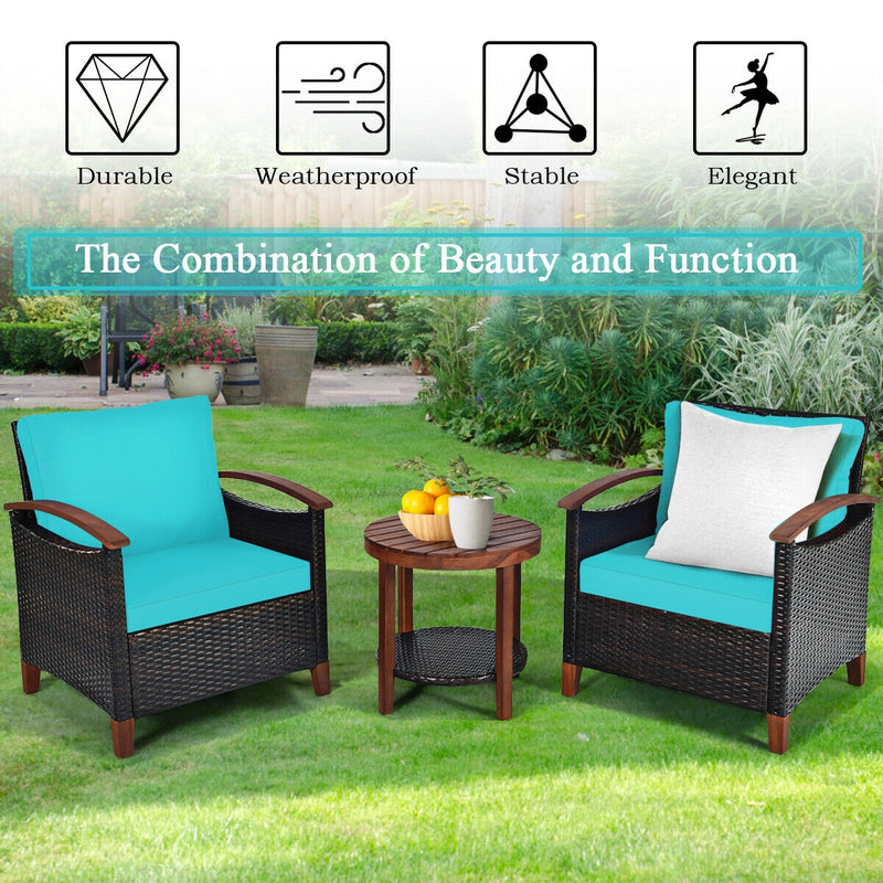 3 Pcs Solid Wood Frame Patio Rattan Furniture Set-Turquoise