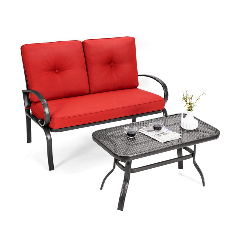 2 Pieces Patio Outdoor Cushioned Coffee Table Seat-Red