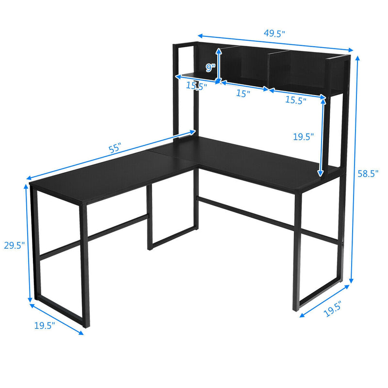 Industrial L-Shaped Desk Bookshelf 55 Inch Corner Computer Gaming Table-Black