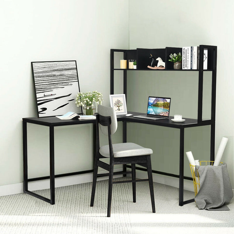 Industrial L-Shaped Desk Bookshelf 55 Inch Corner Computer Gaming Table-Black