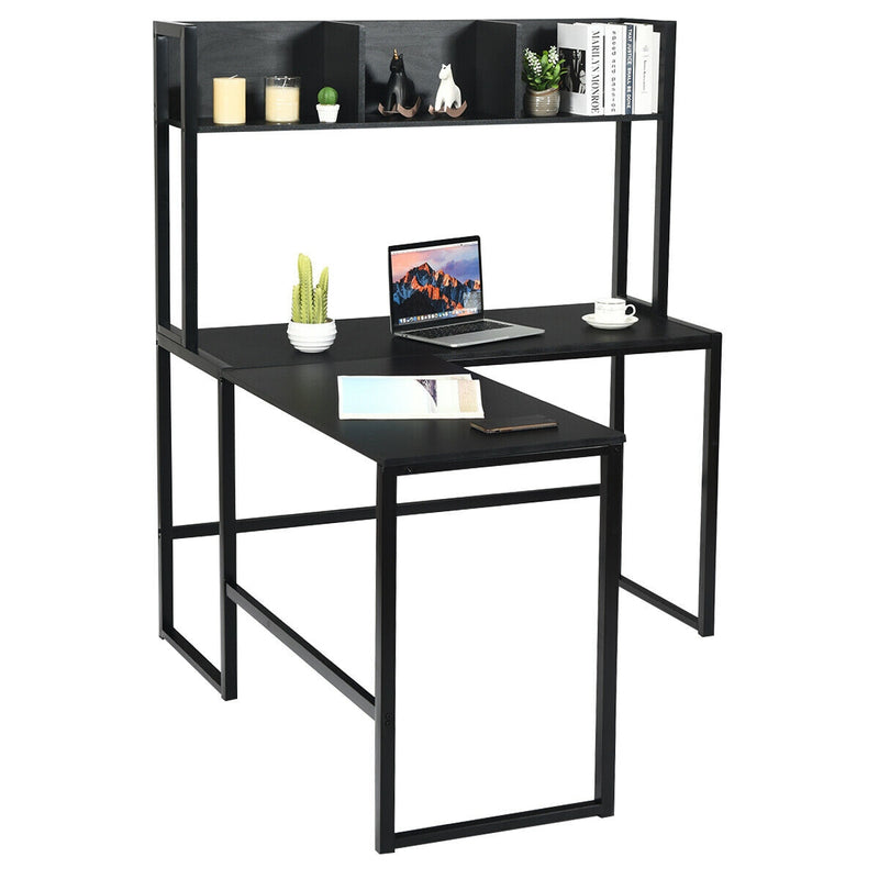 Industrial L-Shaped Desk Bookshelf 55 Inch Corner Computer Gaming Table-Black