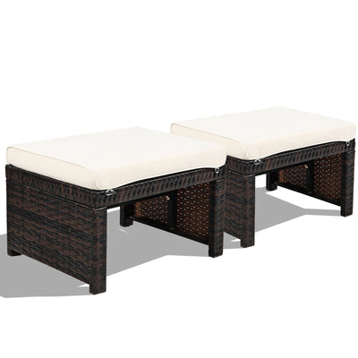 2 Pieces Patio Rattan Ottomans with Soft Cushion for Patio and Garden-White