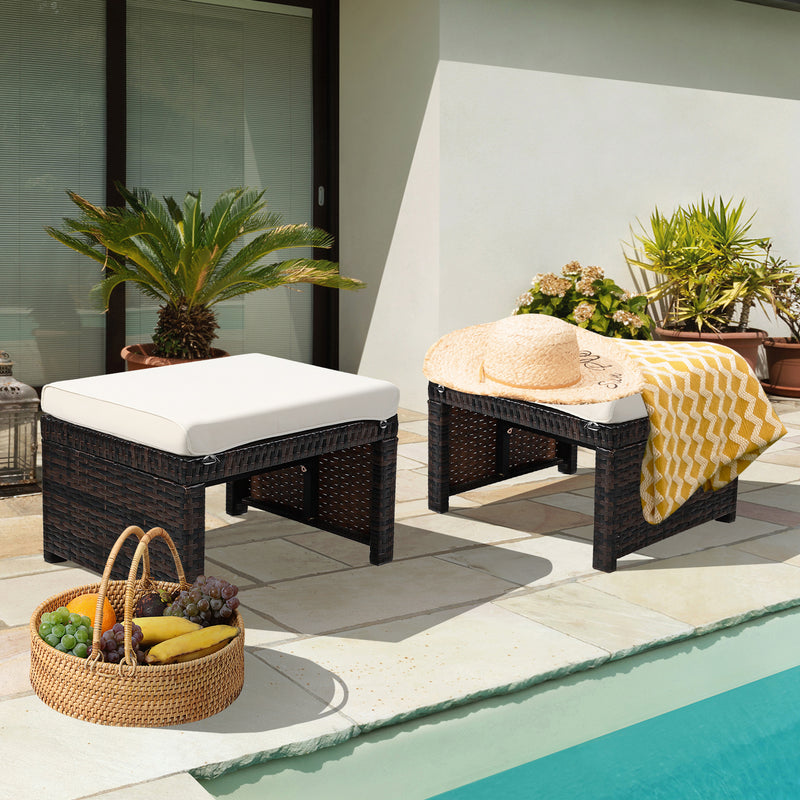 2 Pieces Patio Rattan Ottomans with Soft Cushion for Patio and Garden-White