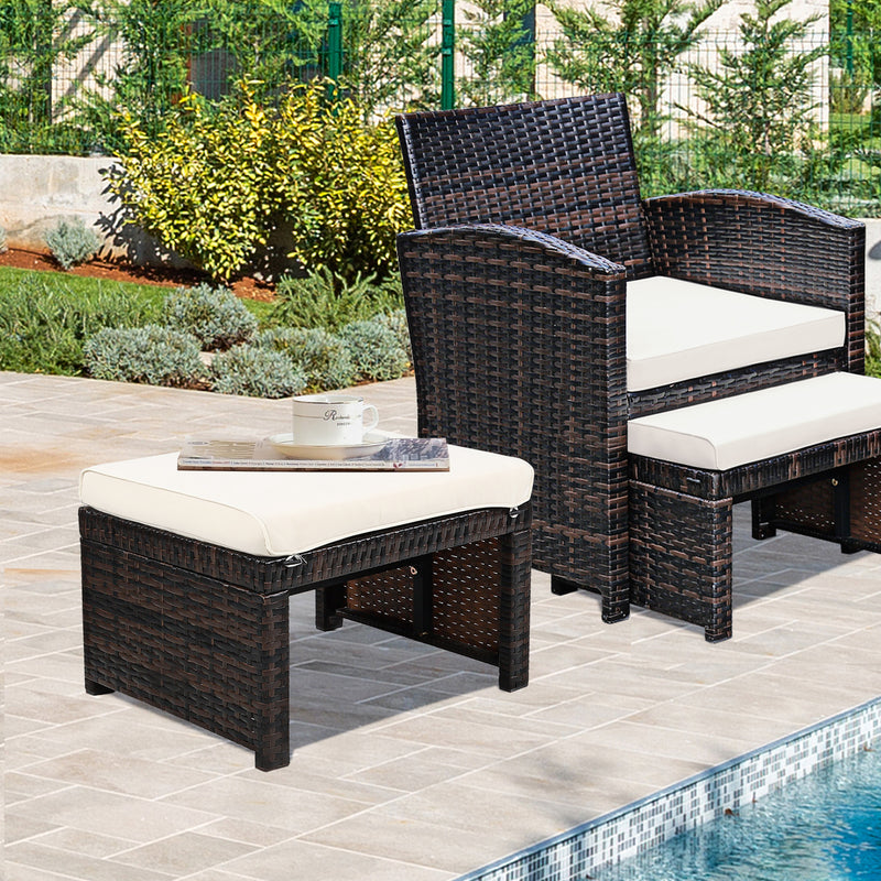 2 Pieces Patio Rattan Ottomans with Soft Cushion for Patio and Garden-White