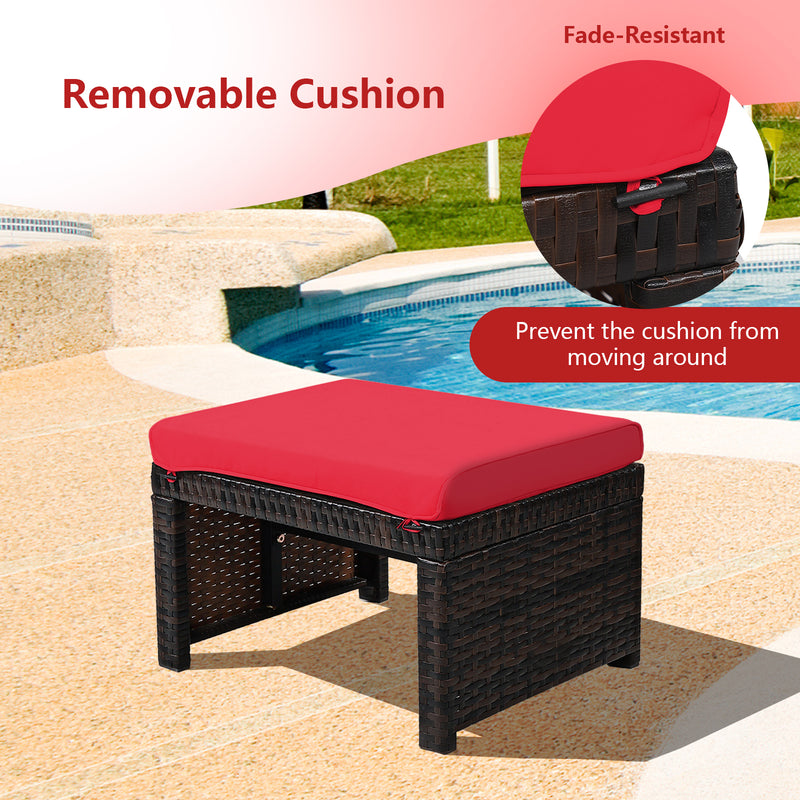 2 Pieces Patio Rattan Ottomans with Soft Cushion for Patio and Garden-Red