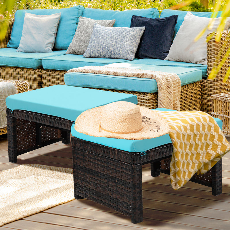 2 Pieces Patio Rattan Ottomans with Soft Cushion for Patio and Garden-Turquoise