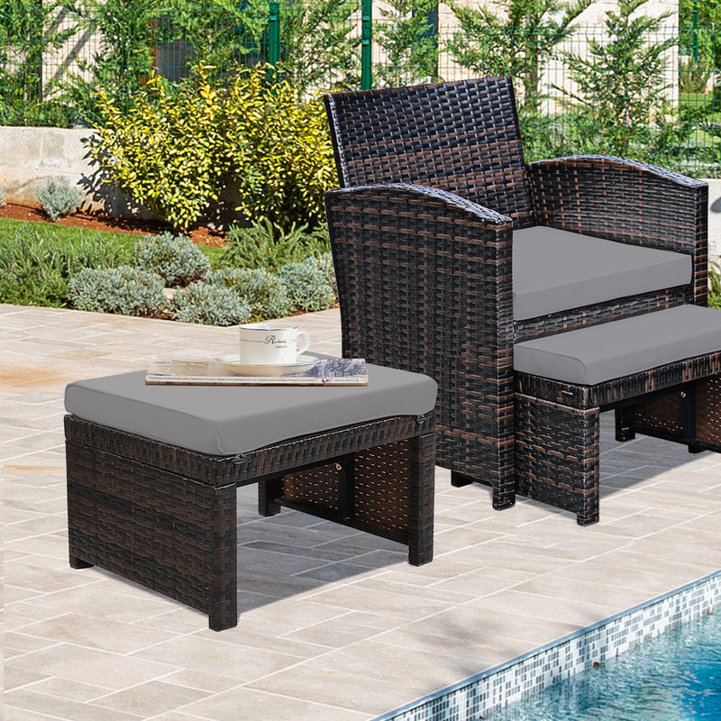 2 Pieces Patio Rattan Ottomans with Soft Cushion for Patio and Garden-Gray