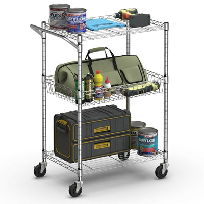 3-Tier Rolling Utility Cart with Handle Bar and Adjustable Shelves