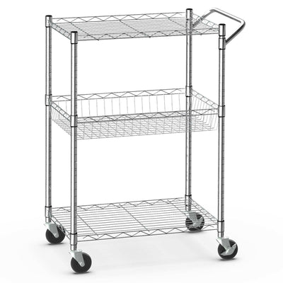 3-Tier Rolling Utility Cart with Handle Bar and Adjustable Shelves