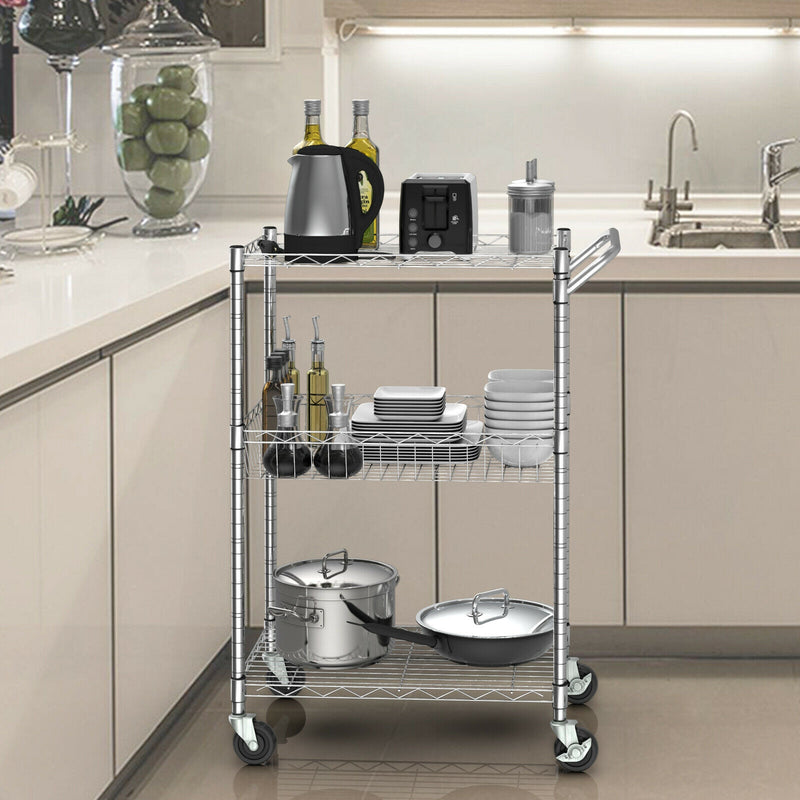 3-Tier Rolling Utility Cart with Handle Bar and Adjustable Shelves