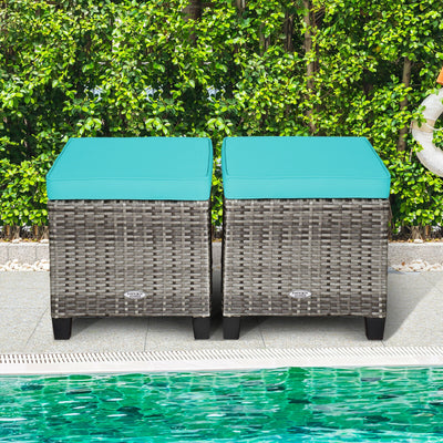 2PCS Patio Rattan Wicker Ottoman Seat with Removable Cushions-Turquoise