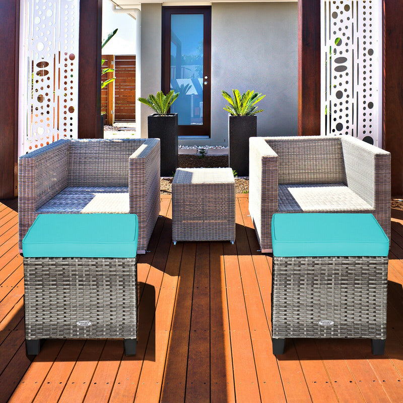 2PCS Patio Rattan Wicker Ottoman Seat with Removable Cushions-Turquoise