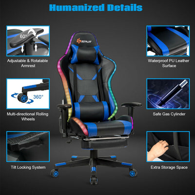 Massage Racing Gaming Chair  Chair with RGB LED Lights-Blue