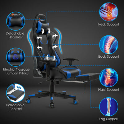 Massage Racing Gaming Chair  Chair with RGB LED Lights-Blue