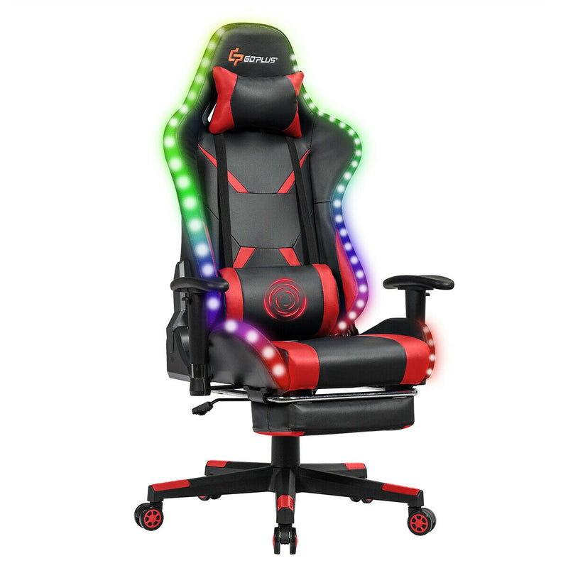 Massage Gaming Chair Ergonomic High Back with RGB Light and RecliningHandrails-Red