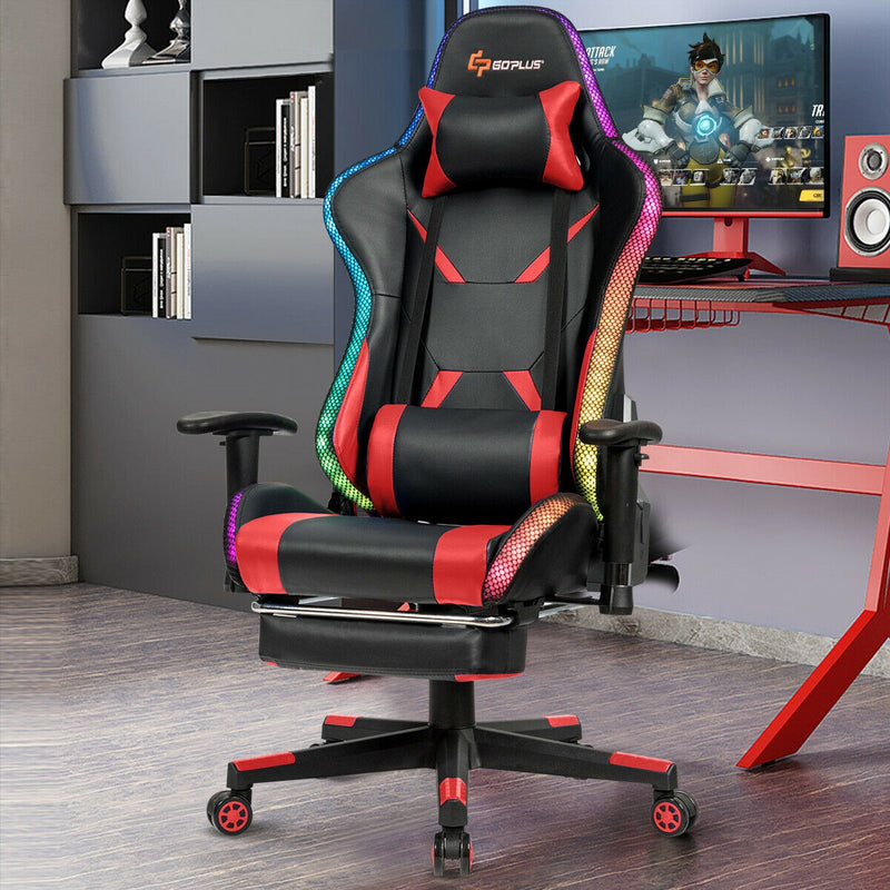 Massage Gaming Chair Ergonomic High Back with RGB Light and RecliningHandrails-Red