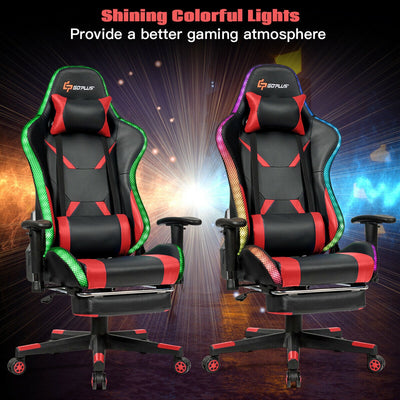 Massage Gaming Chair Ergonomic High Back with RGB Light and RecliningHandrails-Red