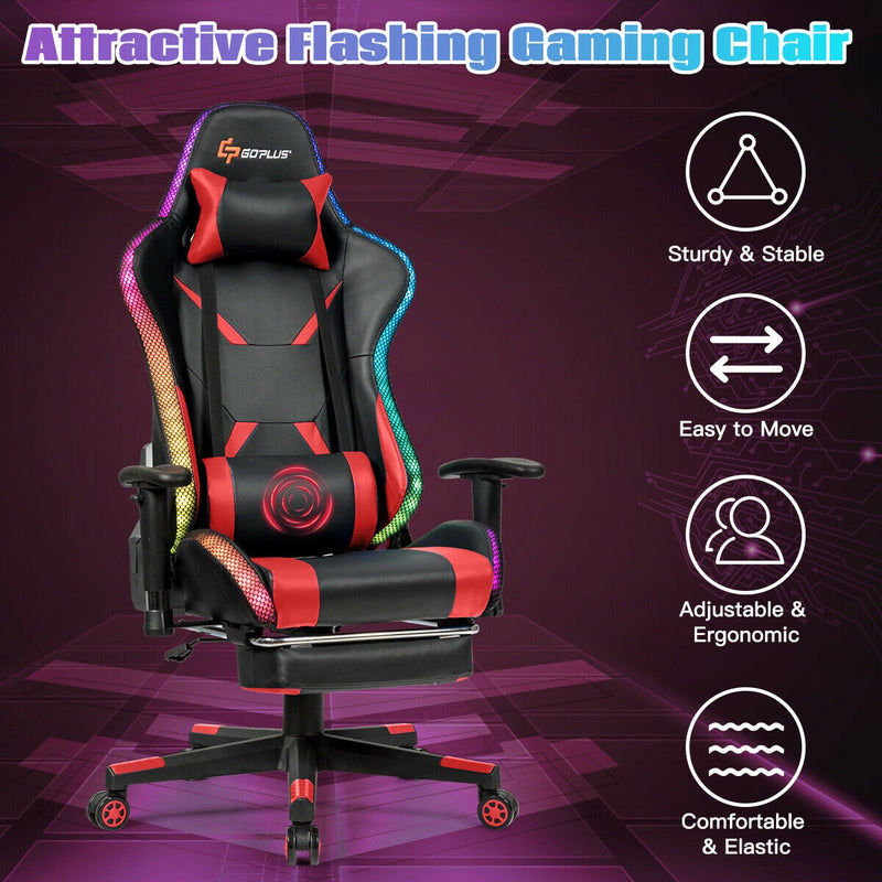 Massage Gaming Chair Ergonomic High Back with RGB Light and RecliningHandrails-Red