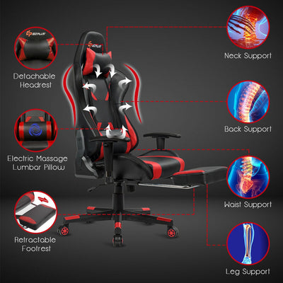 Massage Gaming Chair Ergonomic High Back with RGB Light and RecliningHandrails-Red