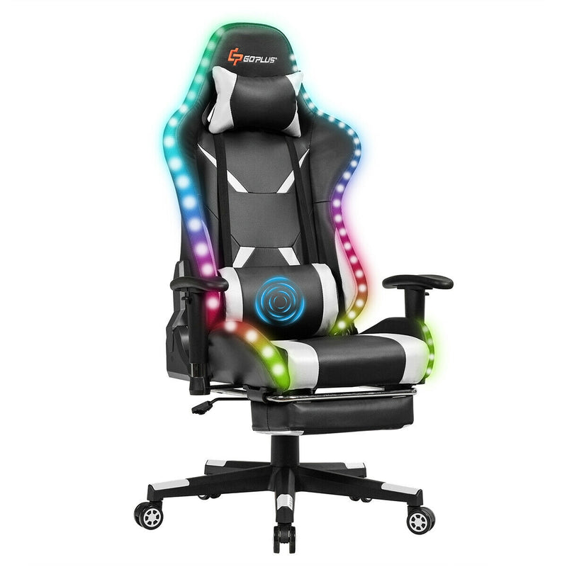 Massage Racing Gaming Chair  Chair with RGB LED Lights-White