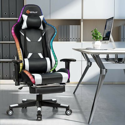 Massage Racing Gaming Chair  Chair with RGB LED Lights-White