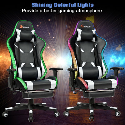 Massage Racing Gaming Chair  Chair with RGB LED Lights-White