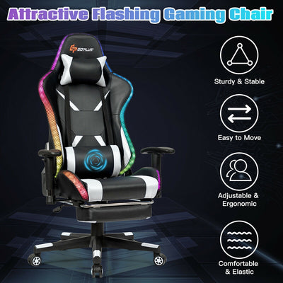 Massage Racing Gaming Chair  Chair with RGB LED Lights-White