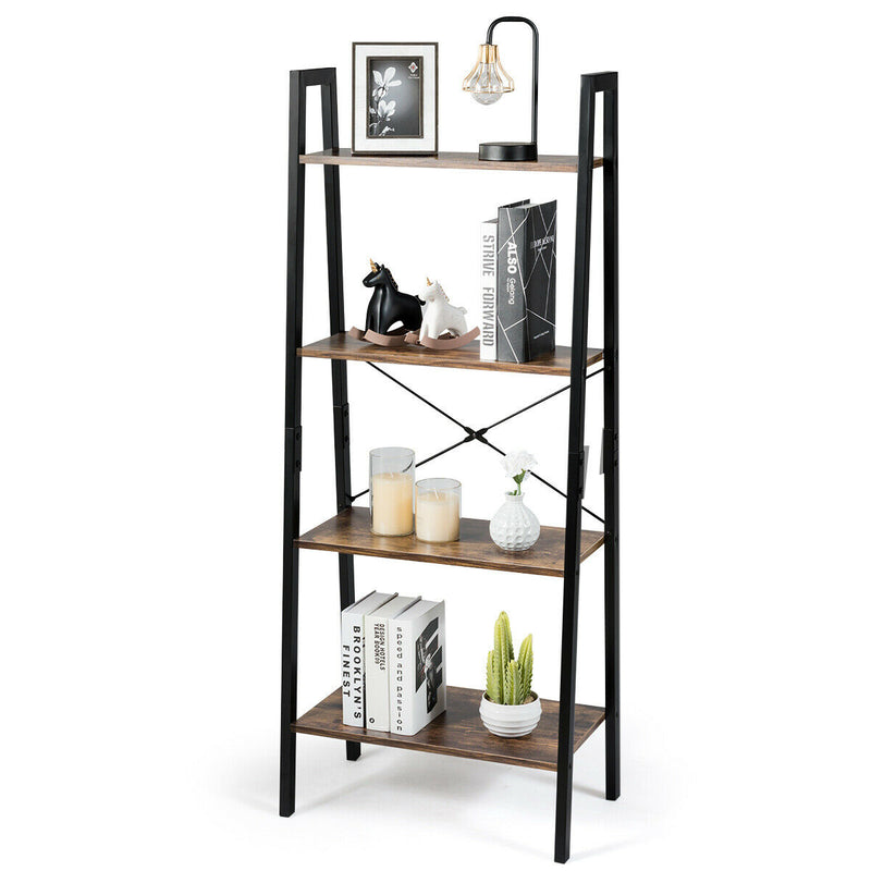 4-Tier Industrial Ladder Shelf with Metal Frame